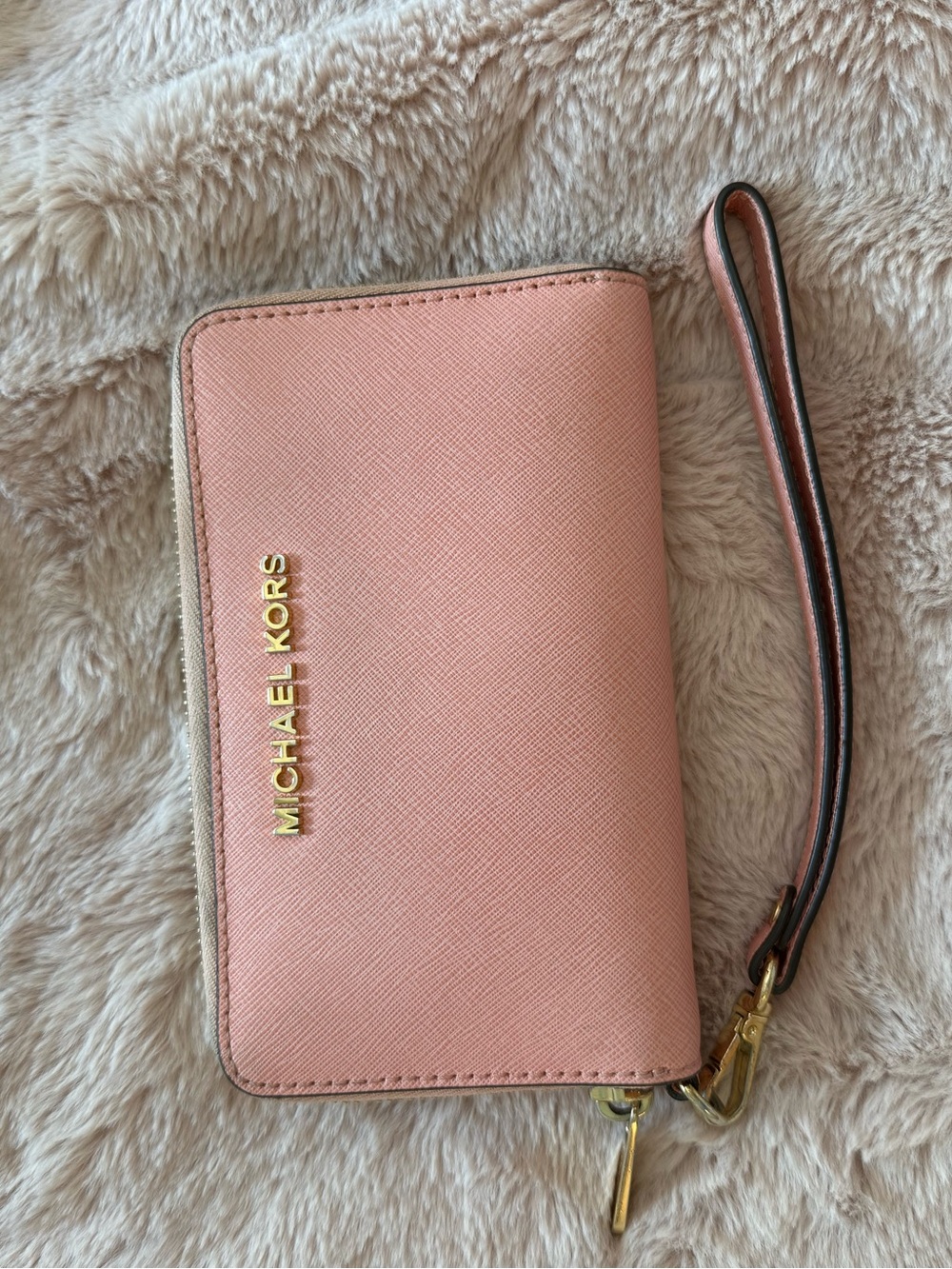 Michael Kors Blush Pink Saffiano Wristlet Wallet with Gold Hardware
